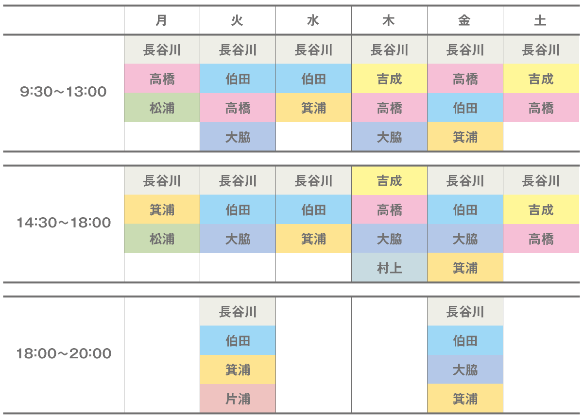 歯科医師シフト表・曜日ごとの担当医・当番表|愛知県名古屋市中区・栄【長谷川亨・歯科クリニック】名古屋栄の歯医者・歯科医院